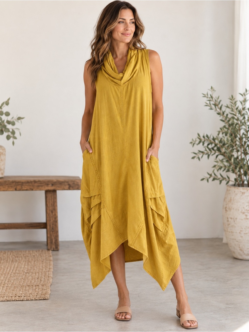 For Cynthia Dress Medium Mustard Cowl Neck Lagenlook Asymmetrical Midi